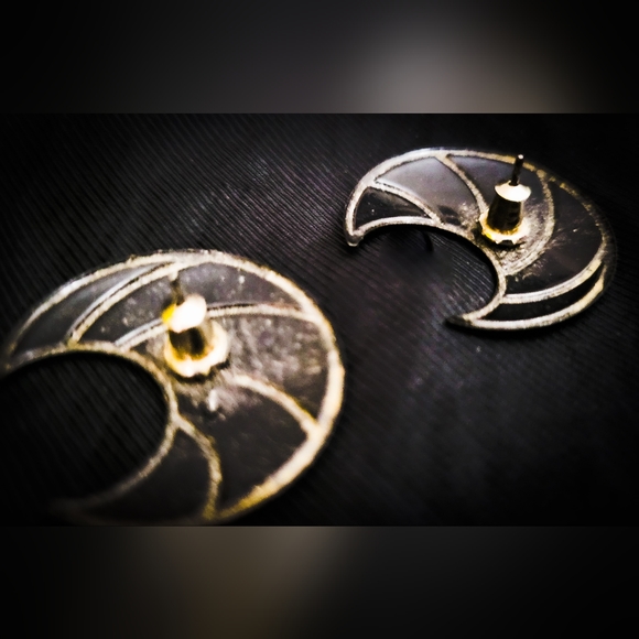Retro Moon Enamel Earrings - Butterfly  Backed Stems - Crescent Blue - Gothic - Picture 3 of 3